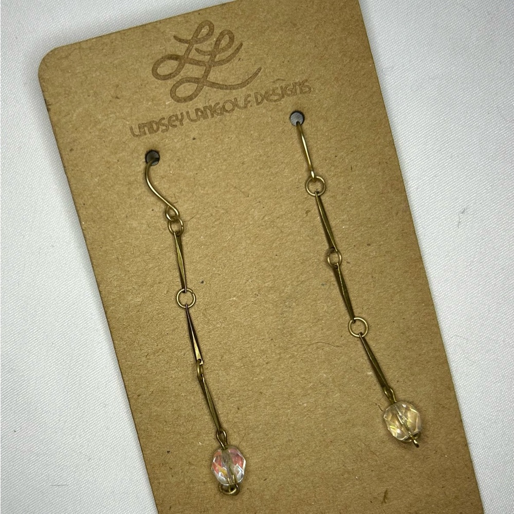 Brass Chain Dangle Earrings w/ Vintage Aurora Borealis Beads